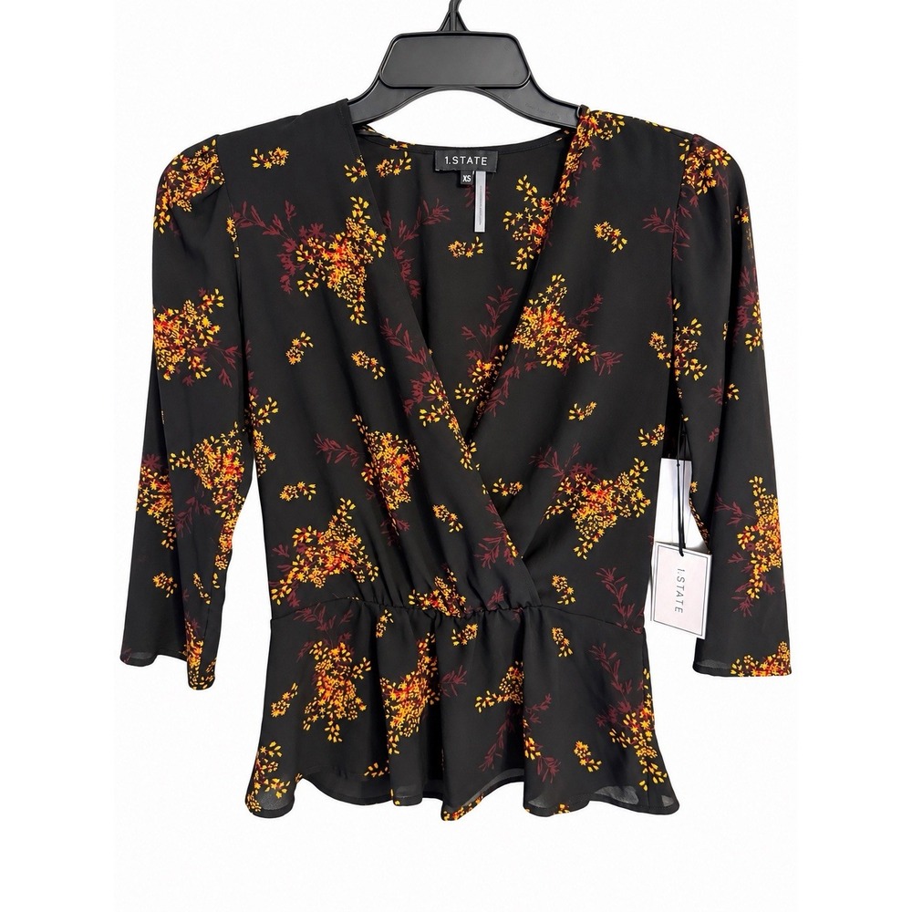 1.STATE NWT Floral Peplum Blouse XS Black Fall Romantic Dark Feminine Top